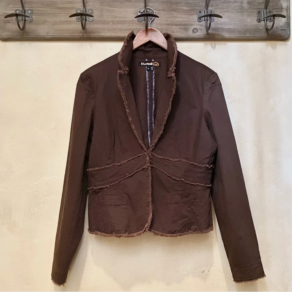 πͺΆ3/$50 Boho Raw Edge Fringe Brown REWIND L/S Fine Corduroy Blazer-XL - Picture 5 of 16